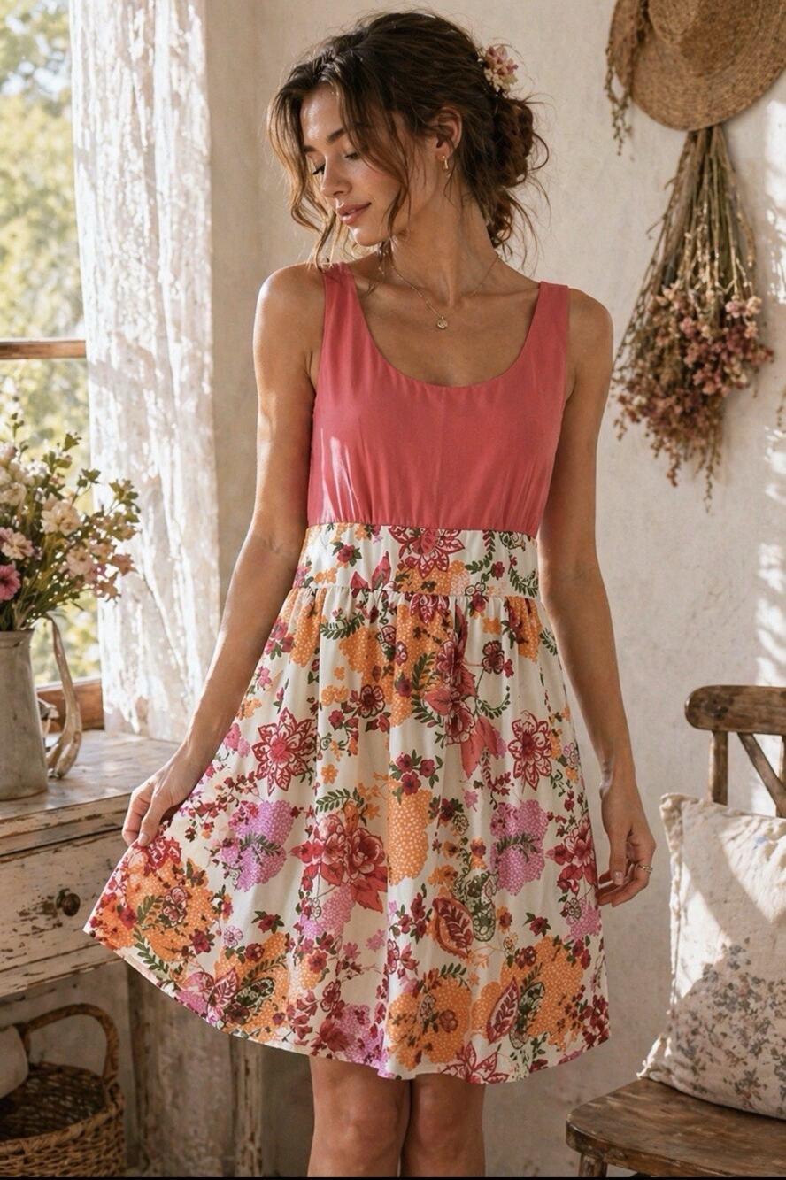 Pink Floral Dress Empire Waist Soft Girl Cottagecore Summer M Made in USA
